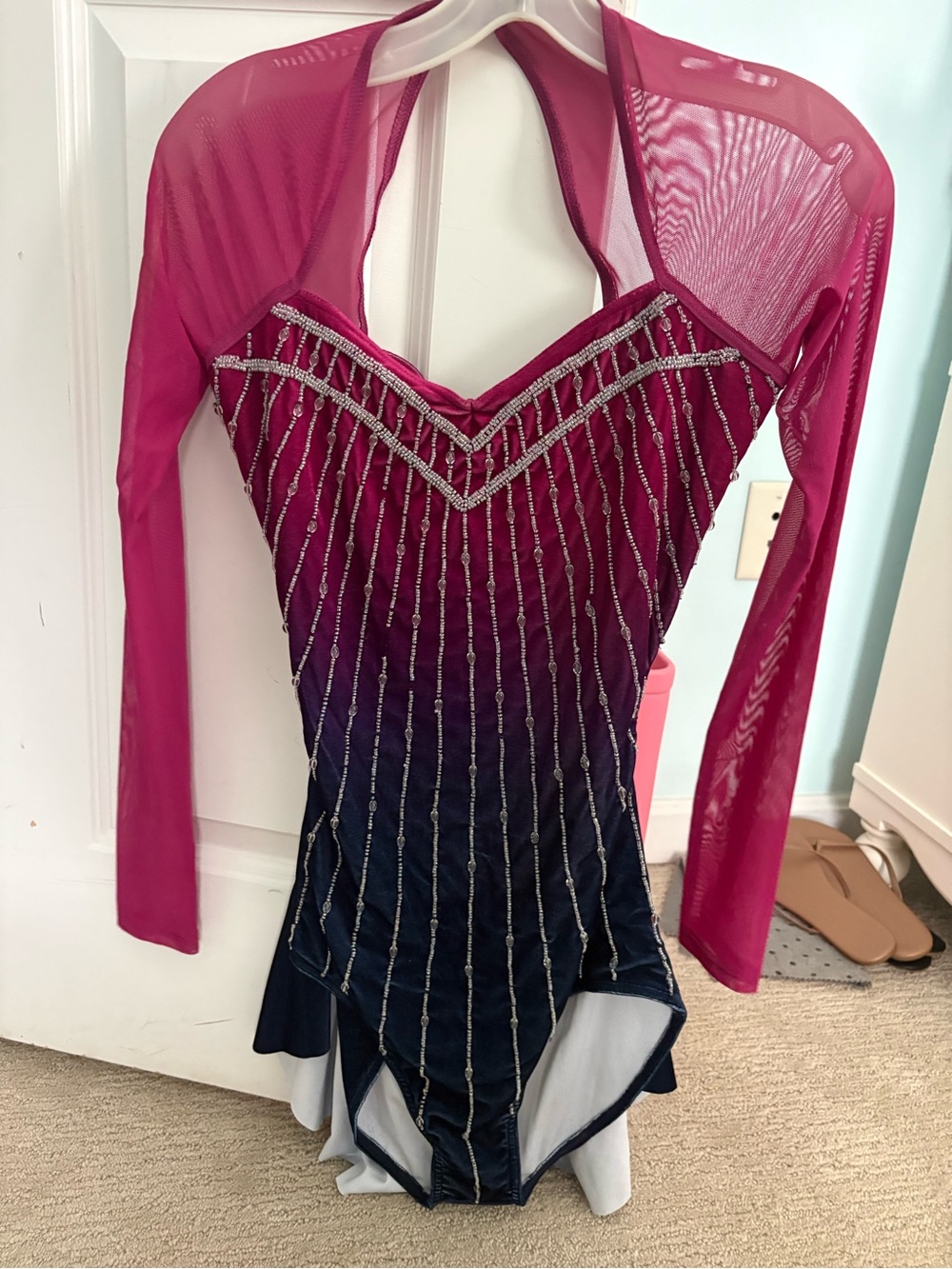 Weissman Magenta to Navy Ombre Dance Costume Silver Bead Trim